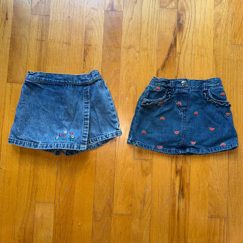 Toddler Girls Denim Skort Lot 2T Embroidered Watermelon Floral Blue Set Bundle